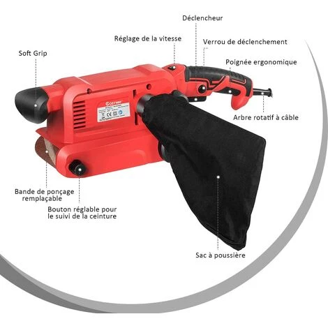 COSTWAY Ponceuse à Bande 800W Avec 12 Bandes De Ponçage Abrasives,Sac à Poussière,Pince De Fixation 6 Vitesses Variables 200-380 RPM 4 COSTWAY Ponceuse à Bande 800W Avec 12 Bandes De Ponçage Abrasives,Sac à Poussière,Pince De Fixation 6 Vitesses Variables 200-380 RPM – Image 2