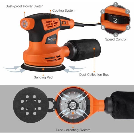 TACKLIFE Ponceuse Excentrique 280W, 6 Vitesses (6,000-13,000rpm), 10 * 125mm Disques Abrasifs (80 Grains) Et 3 Accessoires De Polissage (tissu Microfibre, éponge Et Laine) Inclus, Collecte De La Poussière.-PRS02A 4 TACKLIFE Ponceuse Excentrique 280W, 6 Vitesses (6,000-13,000rpm), 10 * 125mm Disques Abrasifs (80 Grains) Et 3 Accessoires De Polissage (tissu Microfibre, éponge Et Laine) Inclus, Collecte De La Poussière.-PRS02A – Image 2