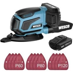 WESCOTOOLS Ponceuse Delta Sans Fil 18V - Avec Batterie 2.0Ah Chargeur Et 12 Papiers Abrasifs WS2315.1