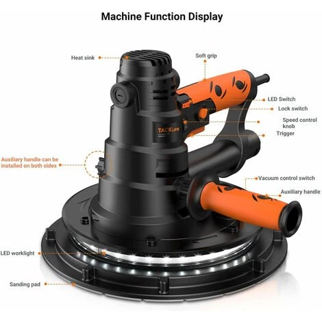TACKLIFE Ponceuse Girafe, Ponceuse Platre, Bord Amovible, 6 Vitesses, 550-2050RPM, 12 Disques Abrasifs De Ponçage 225mm, Lumière LED, Dépoussiérage Automatique, Avec Tuyau Anti-Poussière Et Sac à Poussière -PDS03B 4 TACKLIFE Ponceuse Girafe, Ponceuse Platre, Bord Amovible, 6 Vitesses, 550-2050RPM, 12 Disques Abrasifs De Ponçage 225mm, Lumière LED, Dépoussiérage Automatique, Avec Tuyau Anti-Poussière Et Sac à Poussière -PDS03B – Image 2