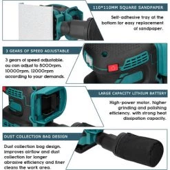 HAPPYSHOPPING Broyeur électrique Au Lithium Sans Brosse Machine à Papier De Verre Carré Broyeur Industriel à Sec Pour Mastic Polisseuse Vibrante à Bois 8000/10000/12000 Tr/min Carré De Réglage De La Vitesse à Trois Vitesses, Machine Nue, Convient Aux Batteries Makita -Ponceuse et polisseuse Soldes 49189953 5
