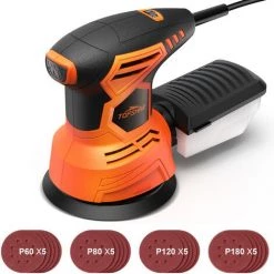 JMAX TOPSHAK TS-SD4 Ponceuse Orbitale Excentrique 240W – Ø 125mm - Boîte à Poussière Et 20 Feuilles Abrasives Inclus - 6000-12000 R/min
