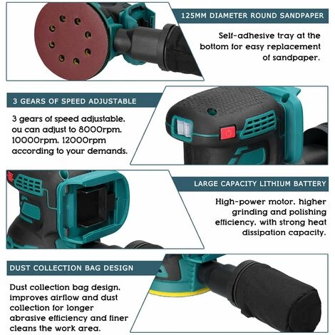 LIFCAUSAL Ponceuse électrique Sans Fil 8000/10000/12000 Tr/min 3 Vitesses Réglable Meuleuse à Bois Polisseuse Multifonctionnelle Polissage Rectifieuse Compatible Avec Batterie Makita 7 LIFCAUSAL Ponceuse électrique Sans Fil 8000/10000/12000 Tr/min 3 Vitesses Réglable Meuleuse à Bois Polisseuse Multifonctionnelle Polissage Rectifieuse Compatible Avec Batterie Makita – Image 5