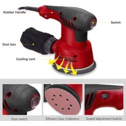 ASUPERMALL 300W Ponceuse Excentrique électrique à Main 5 Pouces 125mm Plaque De Ponçage Ponceuse électrique Pour Le Traitement Du Bois, Meubles, Voitures, Machine à Polir Avec Boîte à Poussière Régulation à 6 Vitesses, Rouge -Ponceuse et polisseuse Soldes 68312383 4